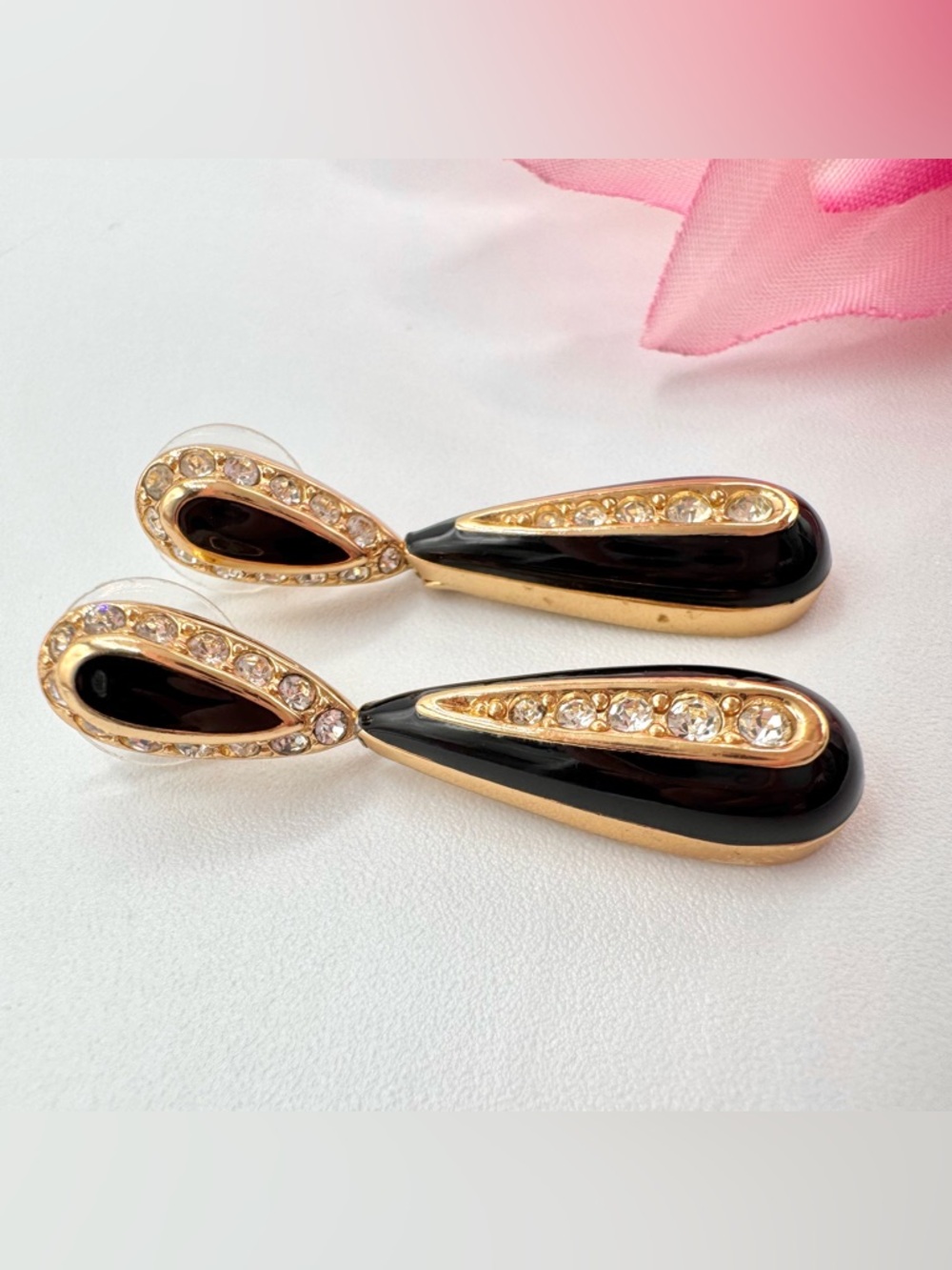 Vintage Christian Dior Earrings Black Enamel Clear Crystals Teardrop 80s Chic
